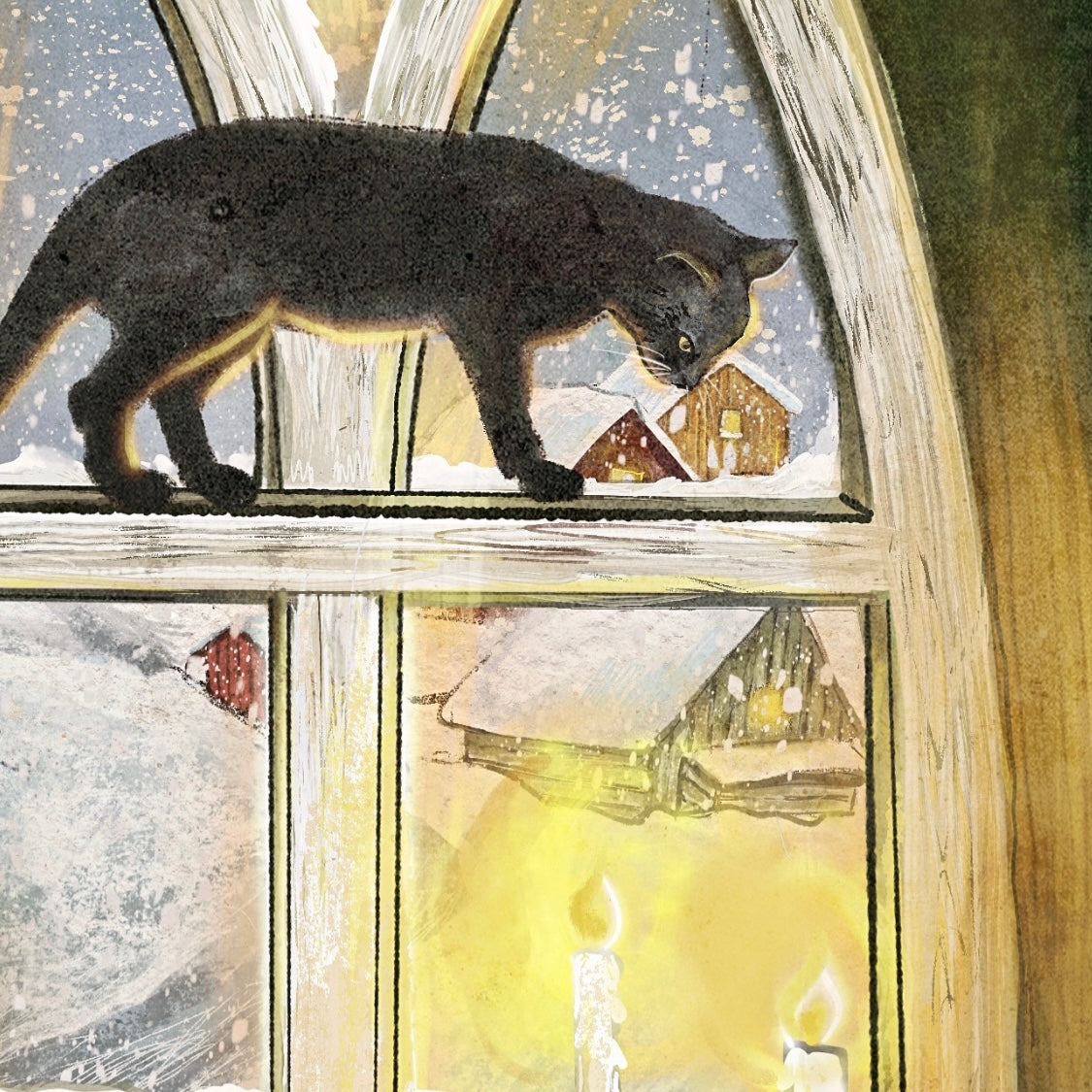 Christmas Meow- a giclee print of a black cat on the window