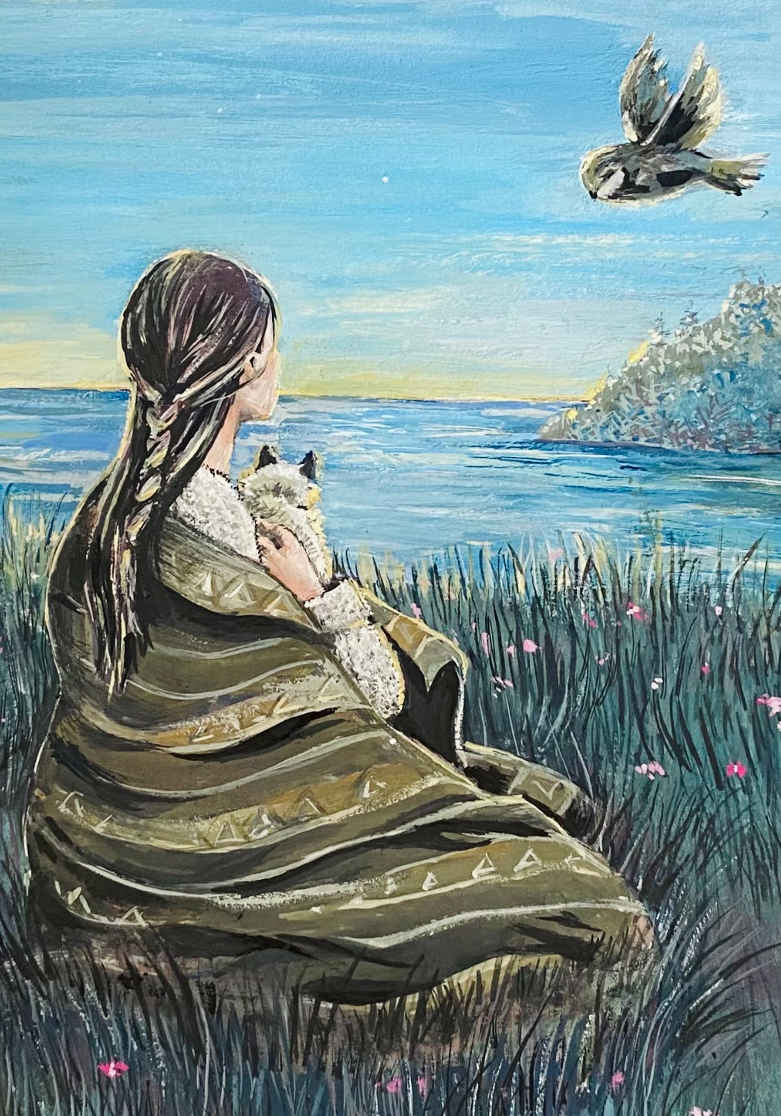 Dusk , a scenic painting Giclee print of a woman, cat and an owl