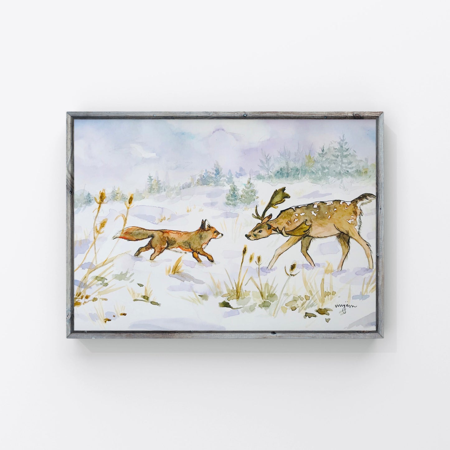 Christmas Greeting - Festive Christmas card print of fox and deer