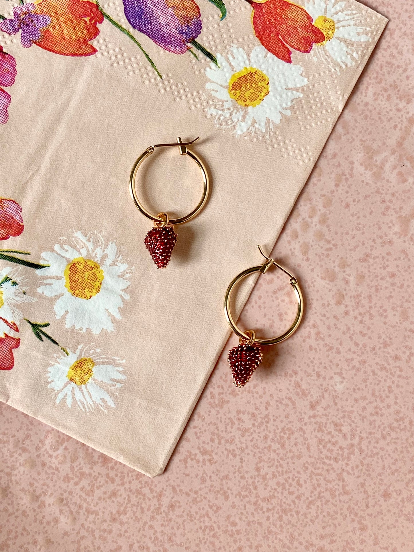 18k Gold plated hoops with wild strawberry beads. Perfect gift.