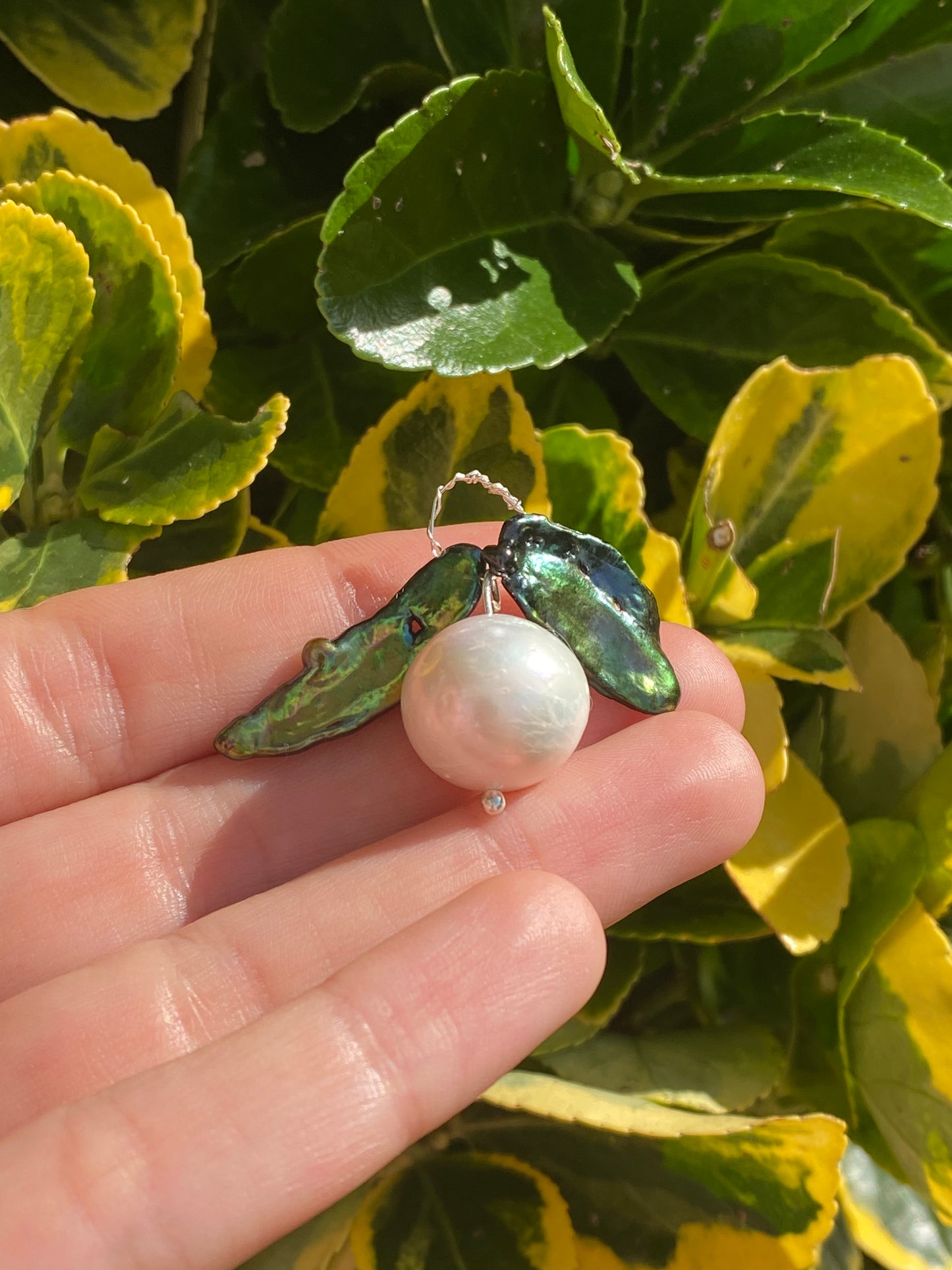 Sterling silver necklace Mistletoe Winter Berry Pearl pendant