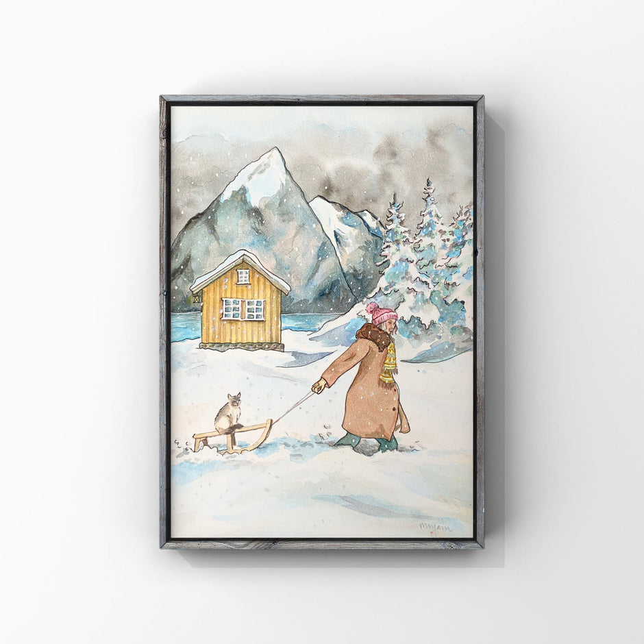 Through the Snow - a giclee print of a girl pulling a Ragdoll cat in snow in wintery landscape