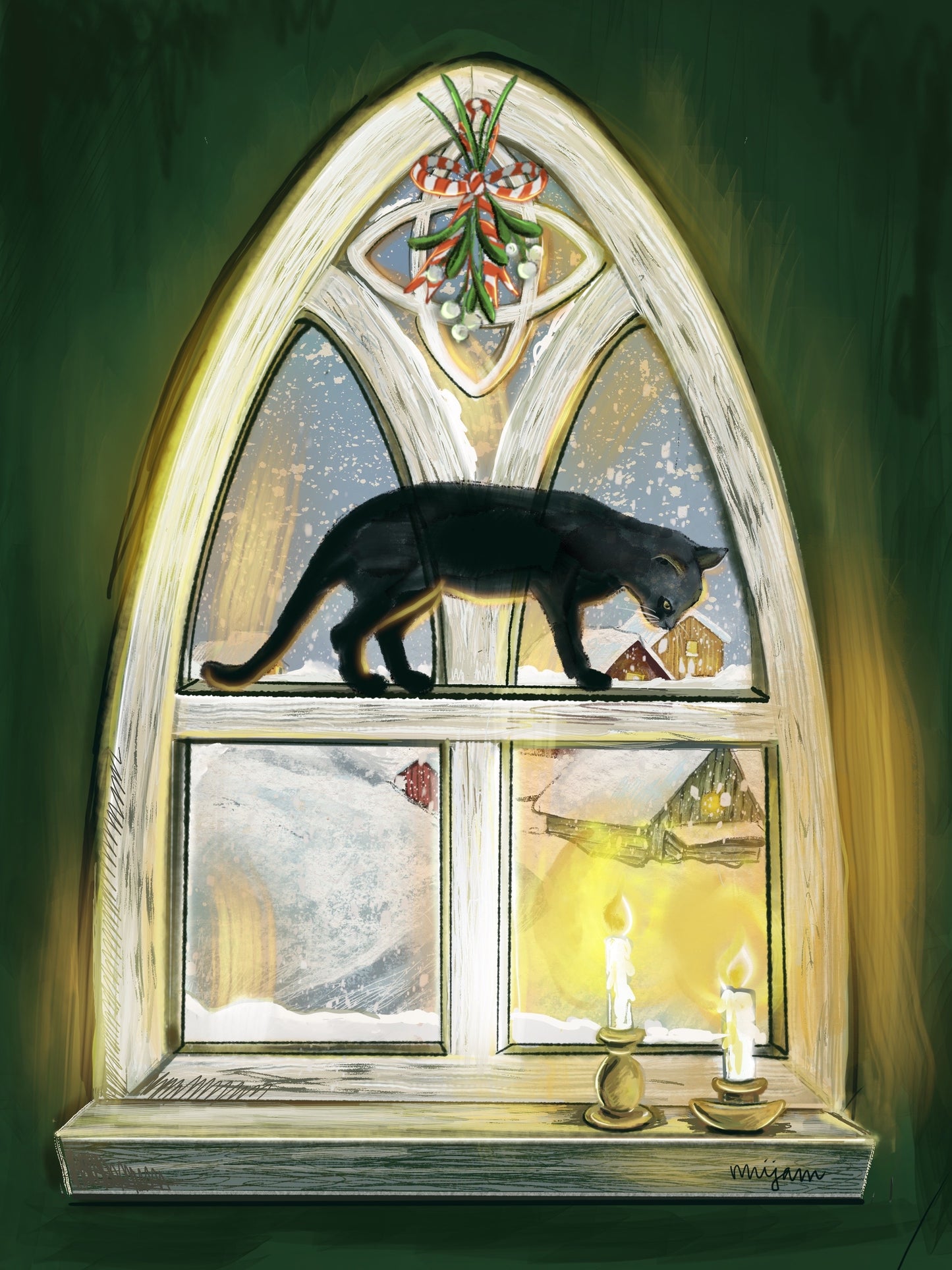 Christmas Meow- a giclee print of a black cat on the window