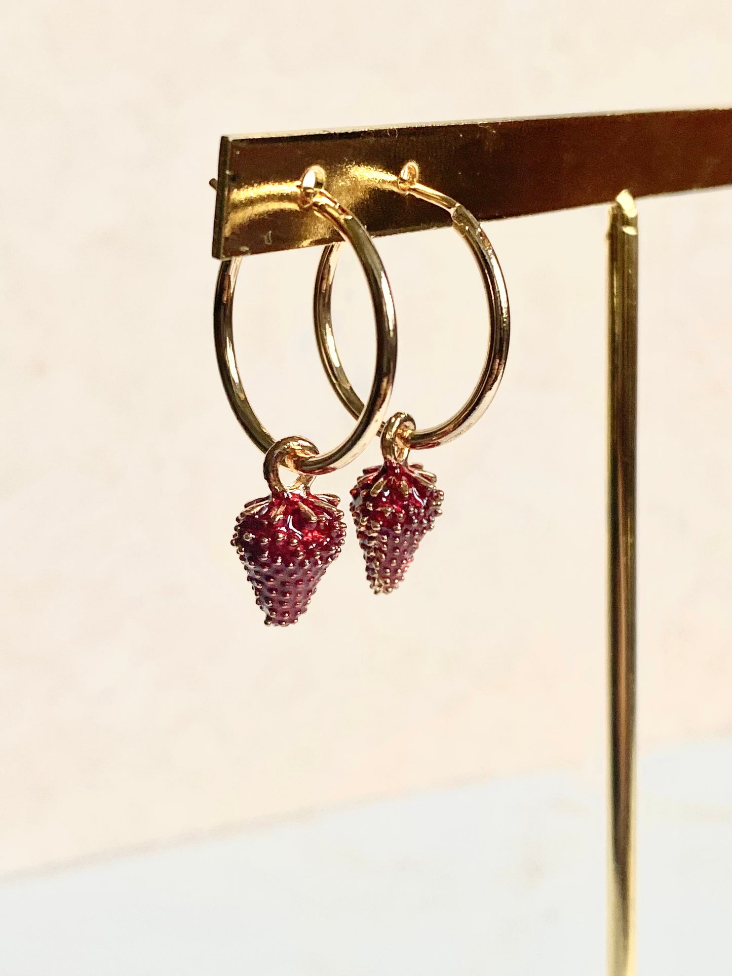 18k Gold plated hoops with wild strawberry beads. Perfect gift.