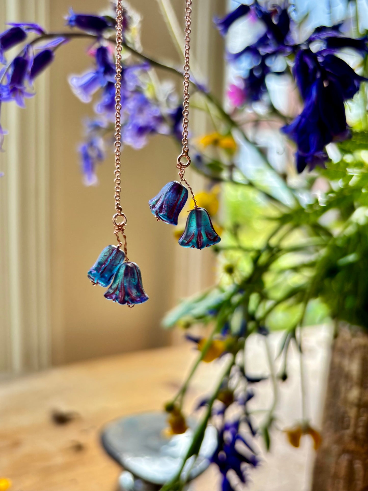 Bluebell glass flower sterling silver thread drop earrings . Perfect gift