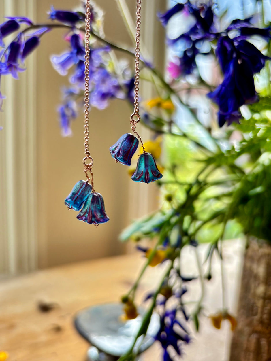 Bluebell glass flower sterling silver thread drop earrings . Perfect gift