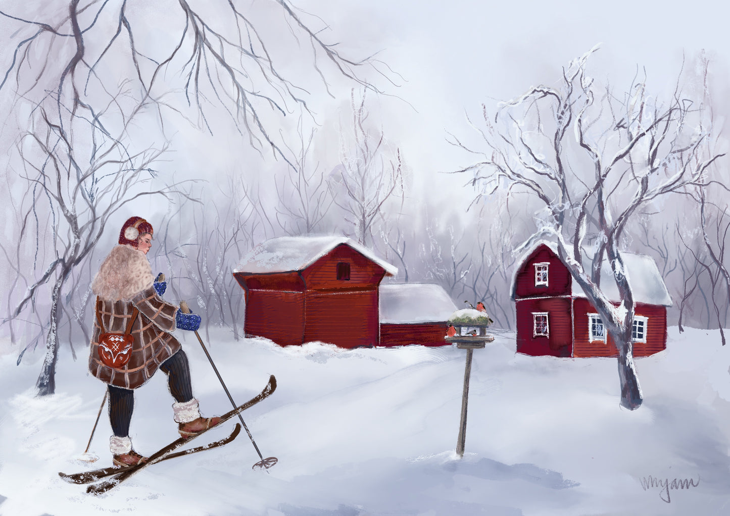 Scandinavian Winter, folk art giclee print of a woman in her telemark skis