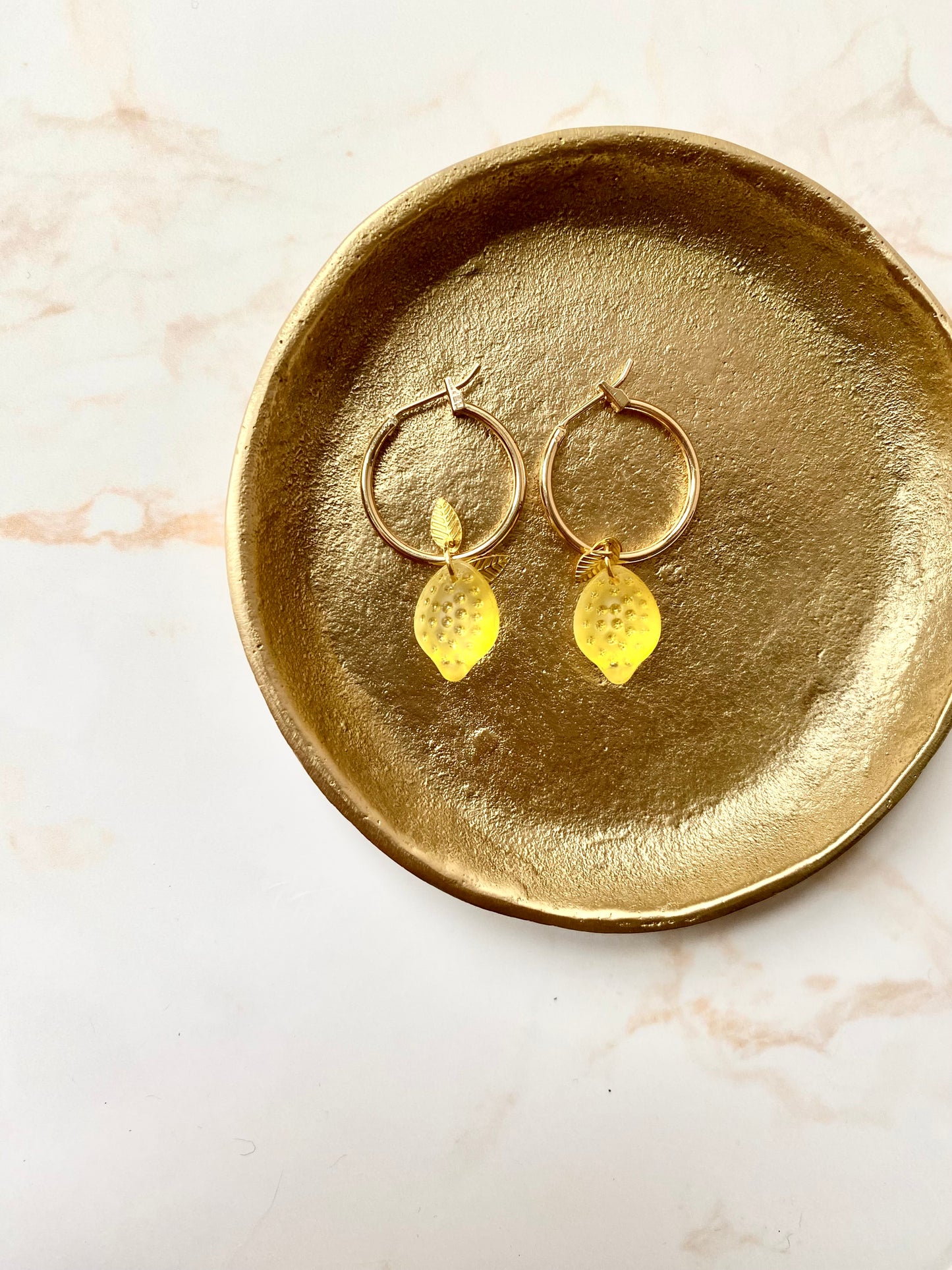 18k Gold plated hoop earrings with glass lemon beads. Perfect gift.