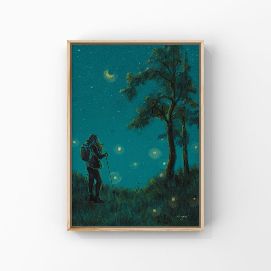 Midnight Hiker, painting illustration of a woman hiking with a cat in moonlight