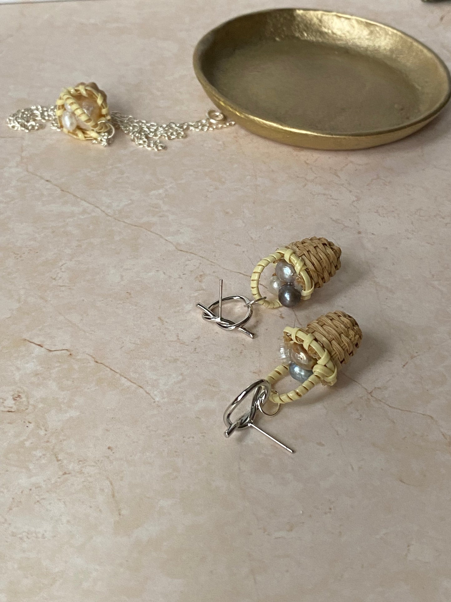 Silver Pearl mini woven basket earrings