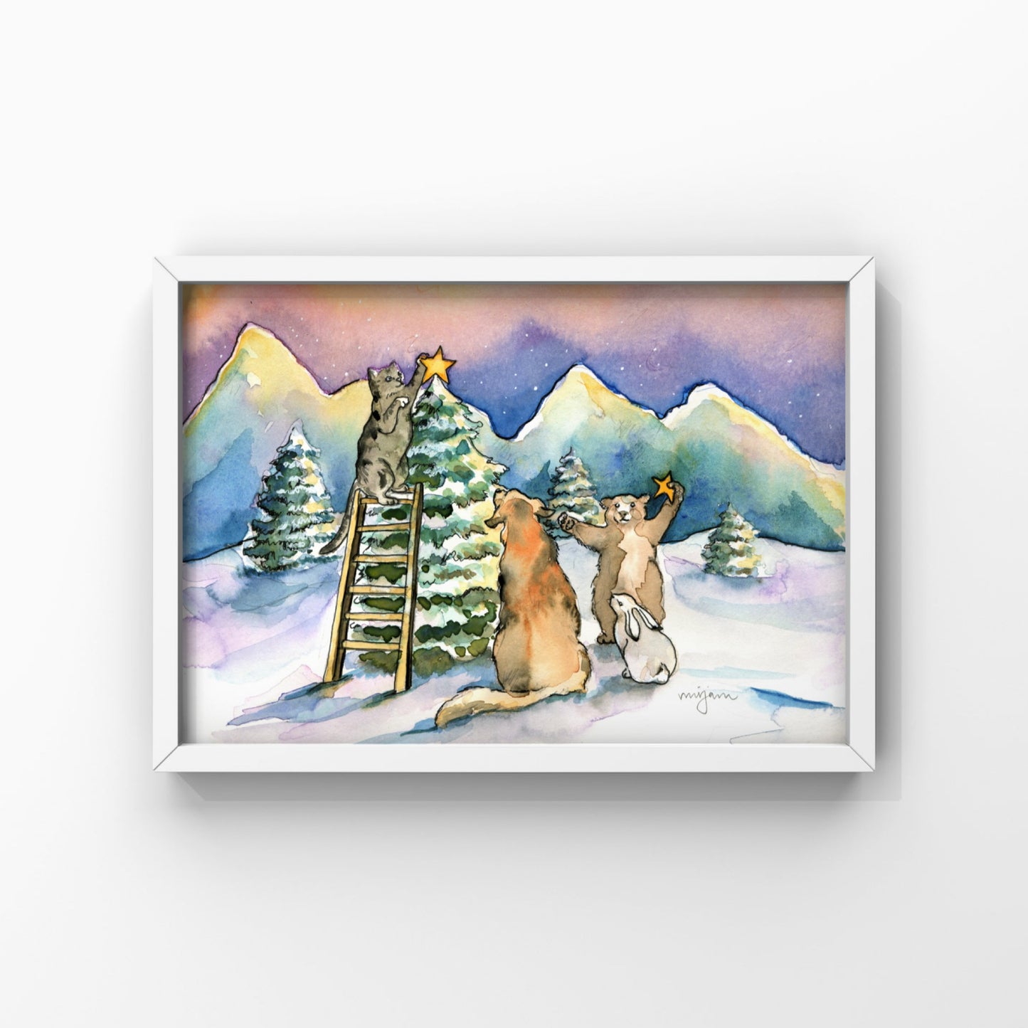 Tree Decorating - Festive Christmas card print of forest animals