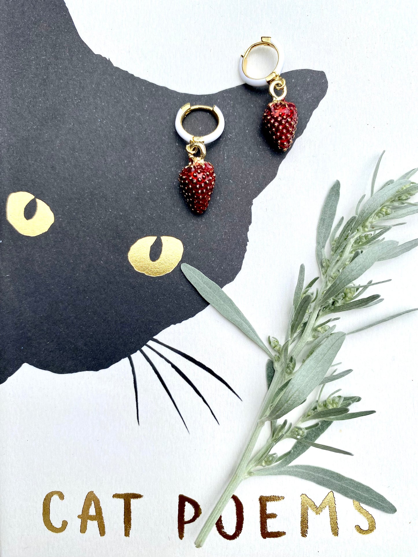 Mini white enamel and gold hoop earrings with wild strawberry beads. Perfect gift.