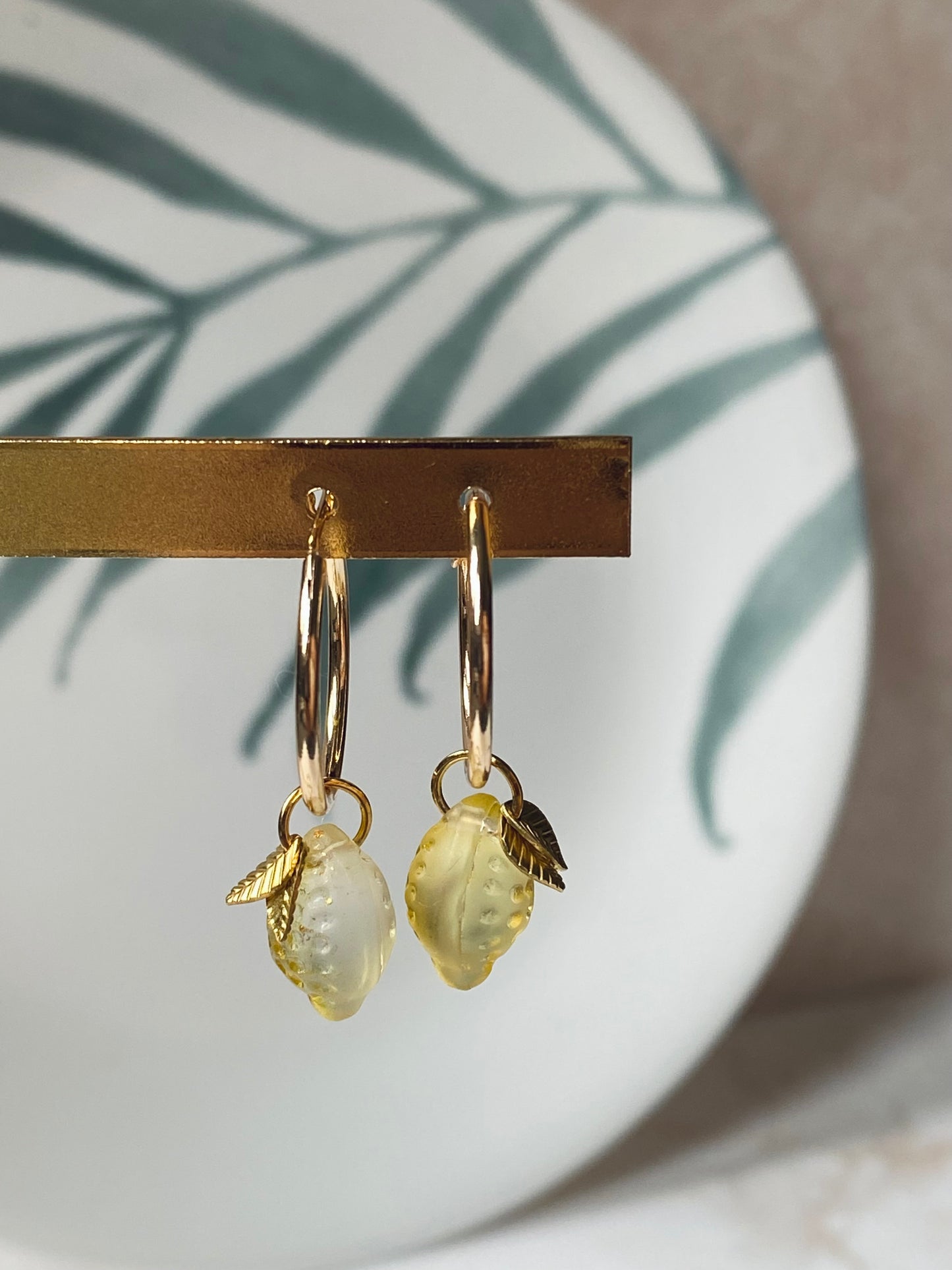 18k Gold plated hoop earrings with glass lemon beads. Perfect gift.