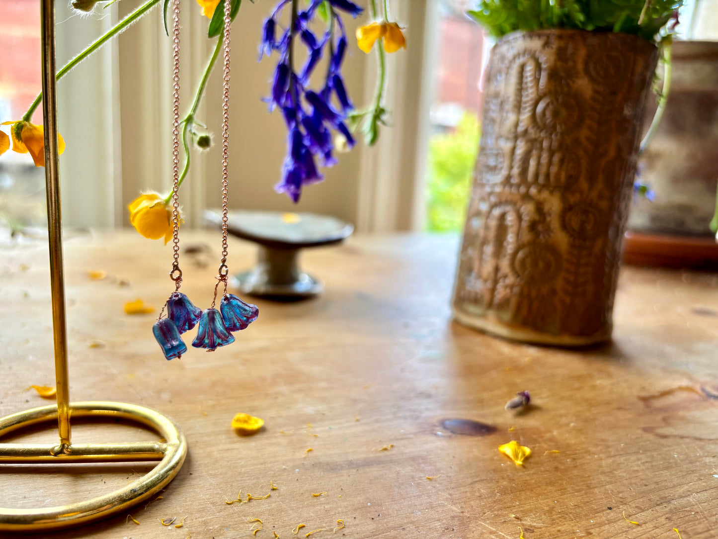 Bluebell glass flower sterling silver thread drop earrings . Perfect gift