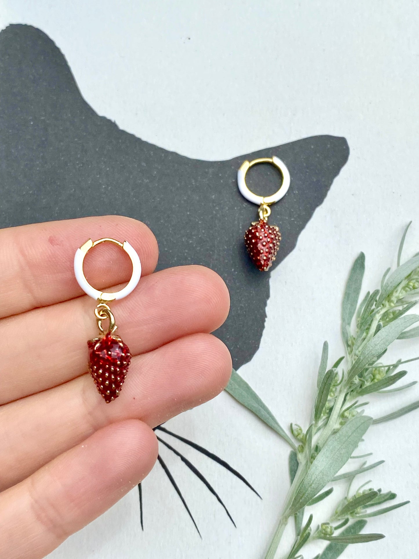 Mini white enamel and gold hoop earrings with wild strawberry beads. Perfect gift.