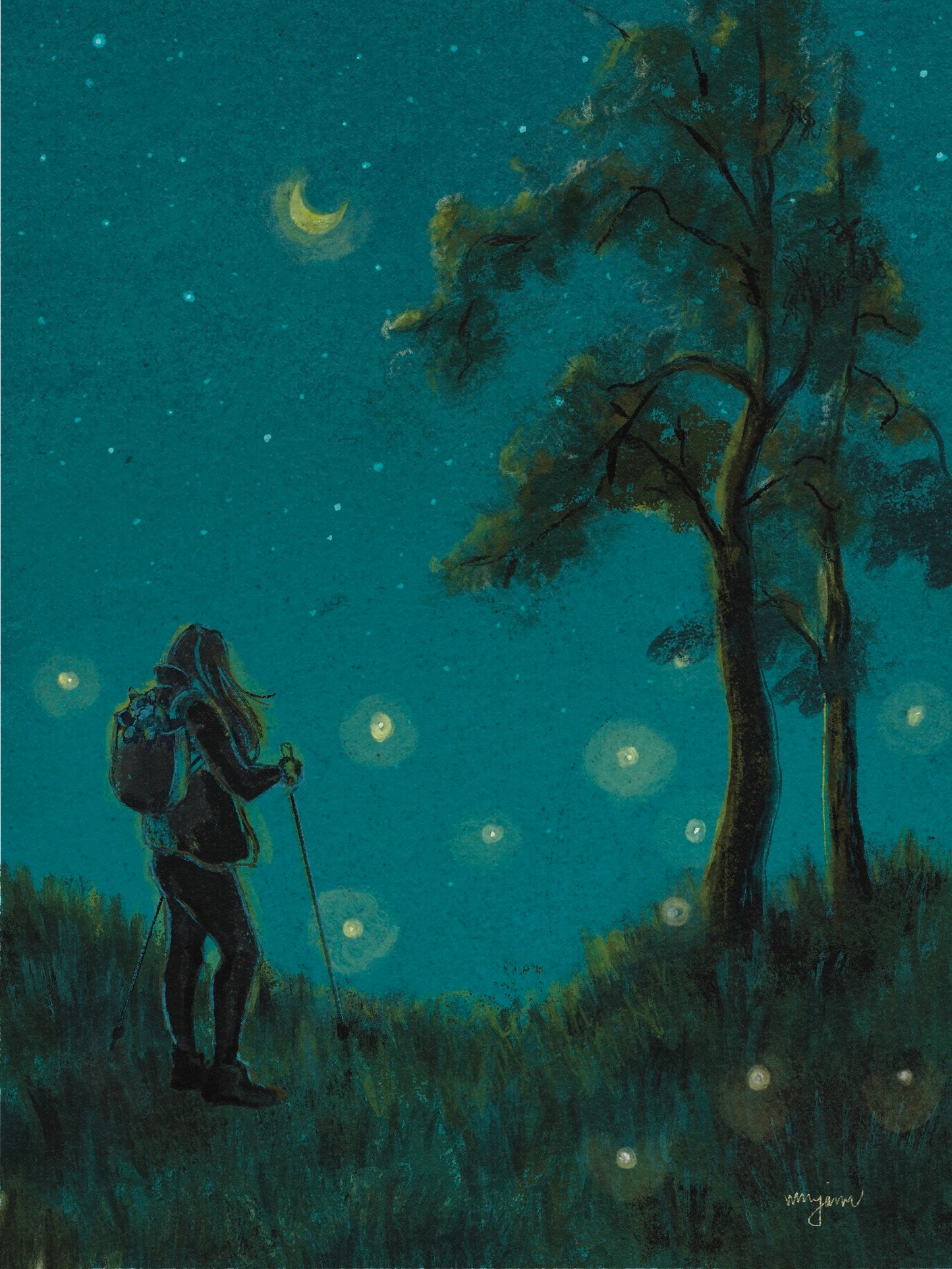 Midnight Hiker, painting illustration of a woman hiking with a cat in moonlight