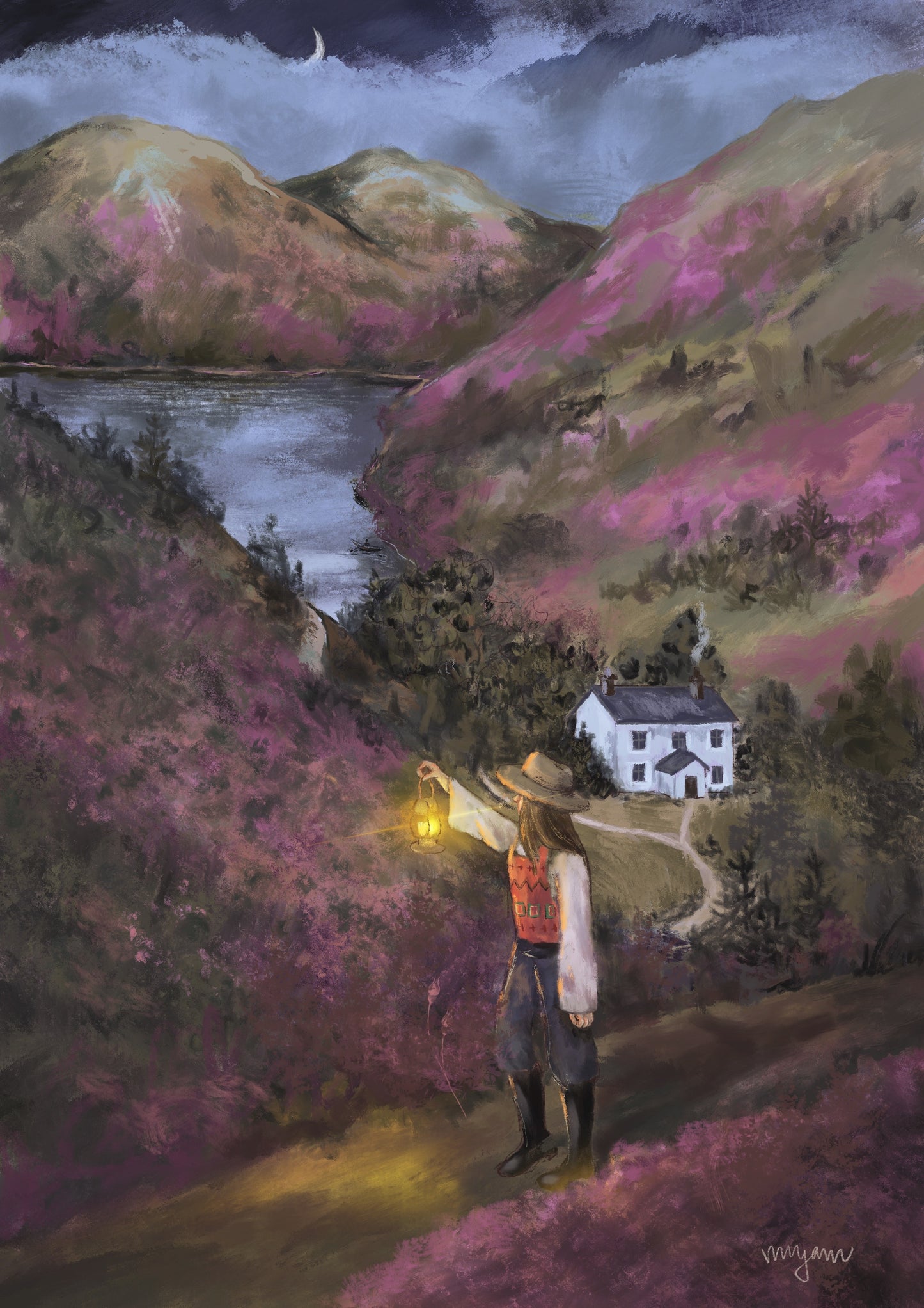 Heather - gouache painting art illustration print ofof a woman walking in Scottish Highlands