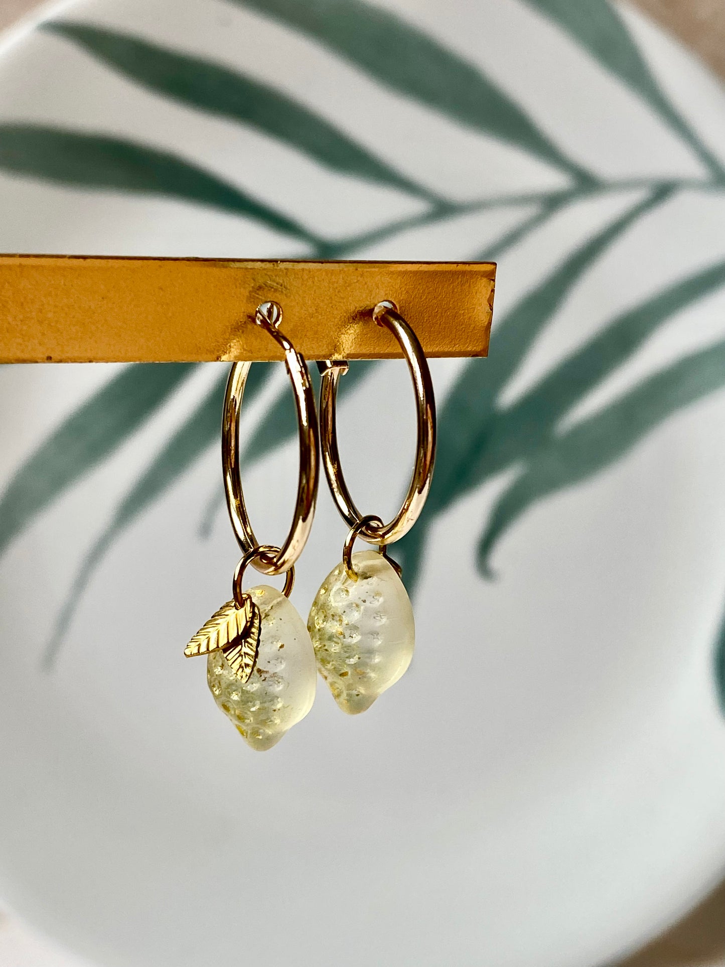 18k Gold plated hoop earrings with glass lemon beads. Perfect gift.