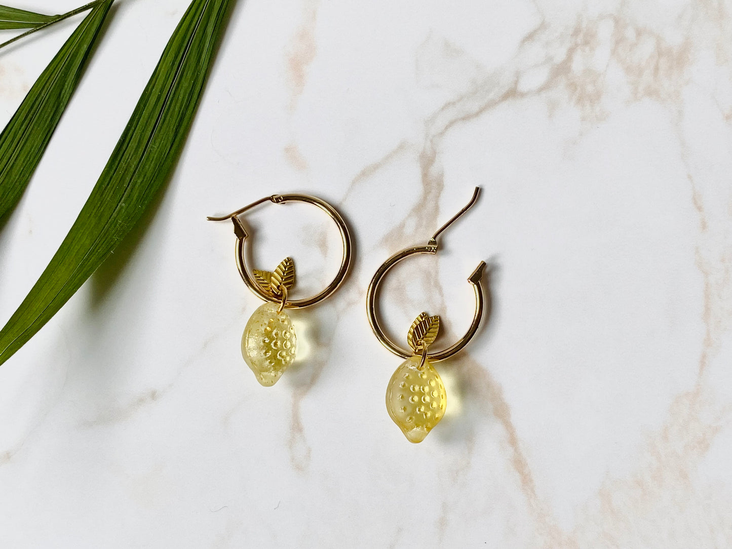 18k Gold plated hoop earrings with glass lemon beads. Perfect gift.