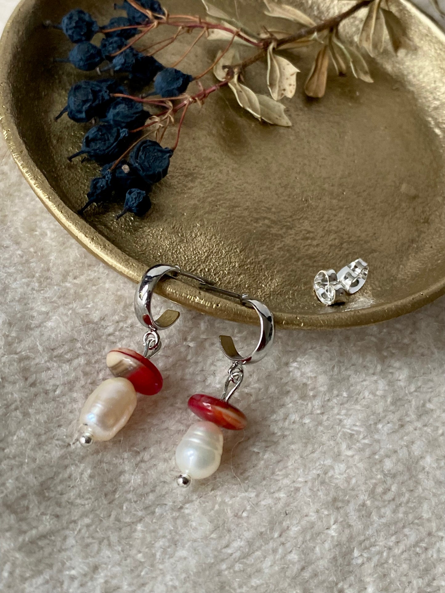 sterling silver glass red mushroom and pearl hoop earrings