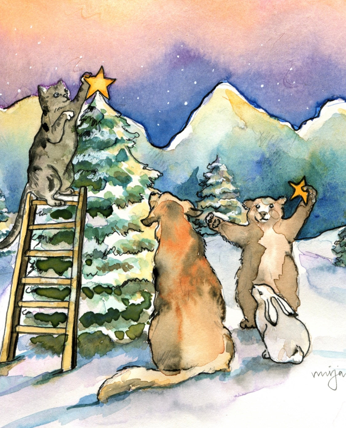 Tree Decorating - Festive Christmas card print of forest animals