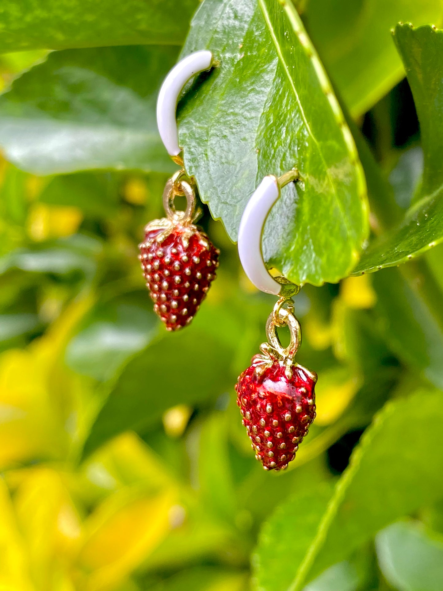 Mini white enamel and gold hoop earrings with wild strawberry beads. Perfect gift.