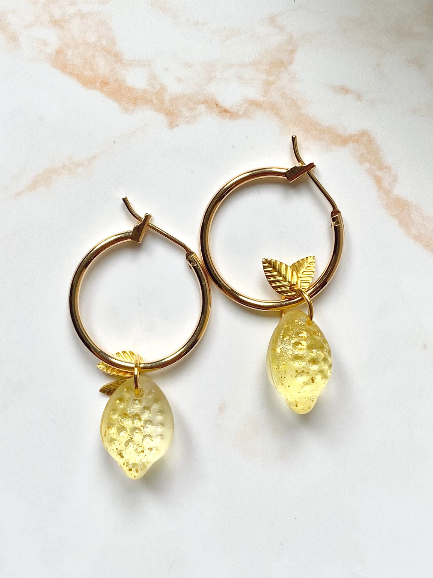 18k Gold plated hoop earrings with glass lemon beads. Perfect gift.