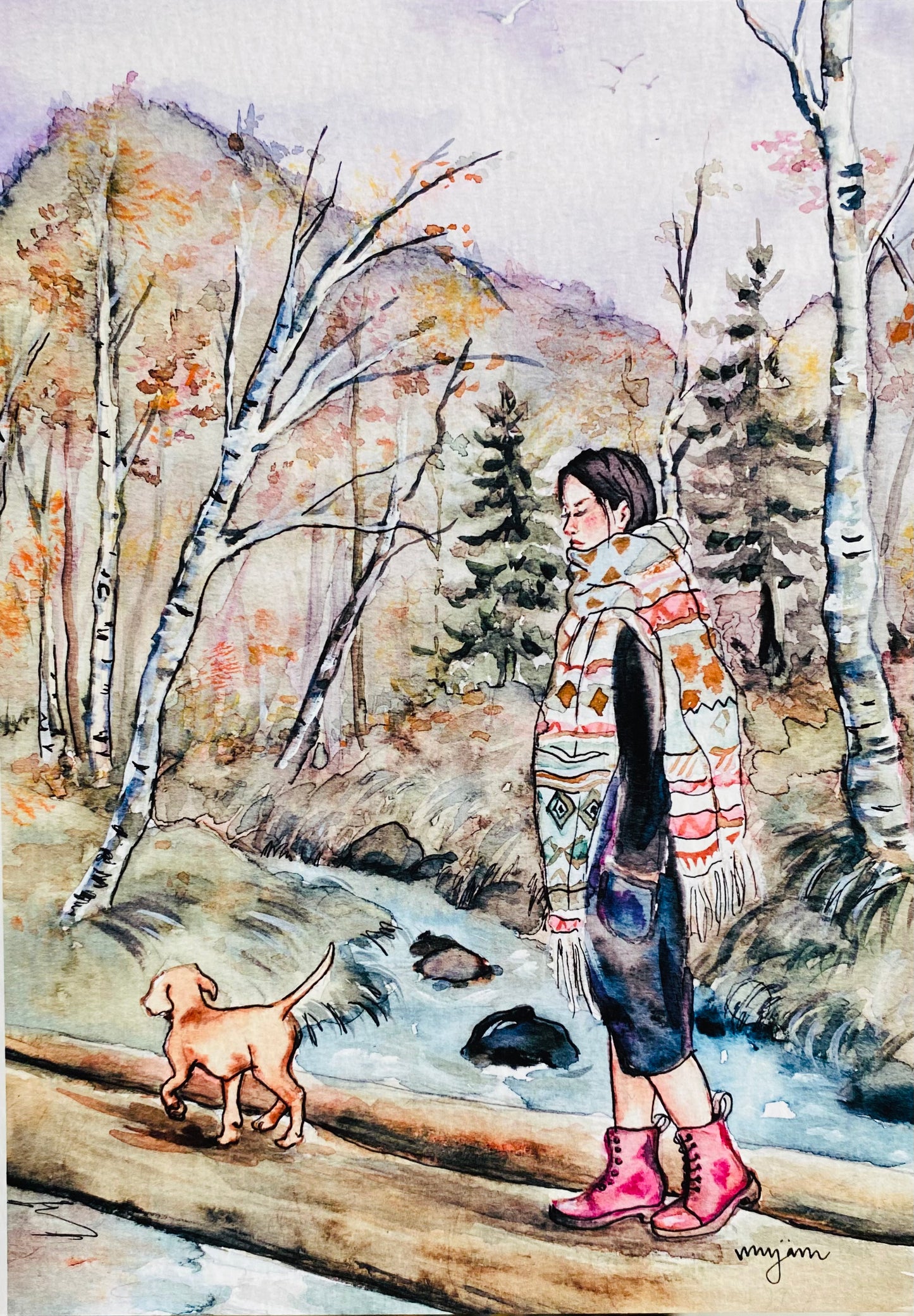 river Crossing - watercolour painting print of a woman and a dog walking in Autumnal Forest