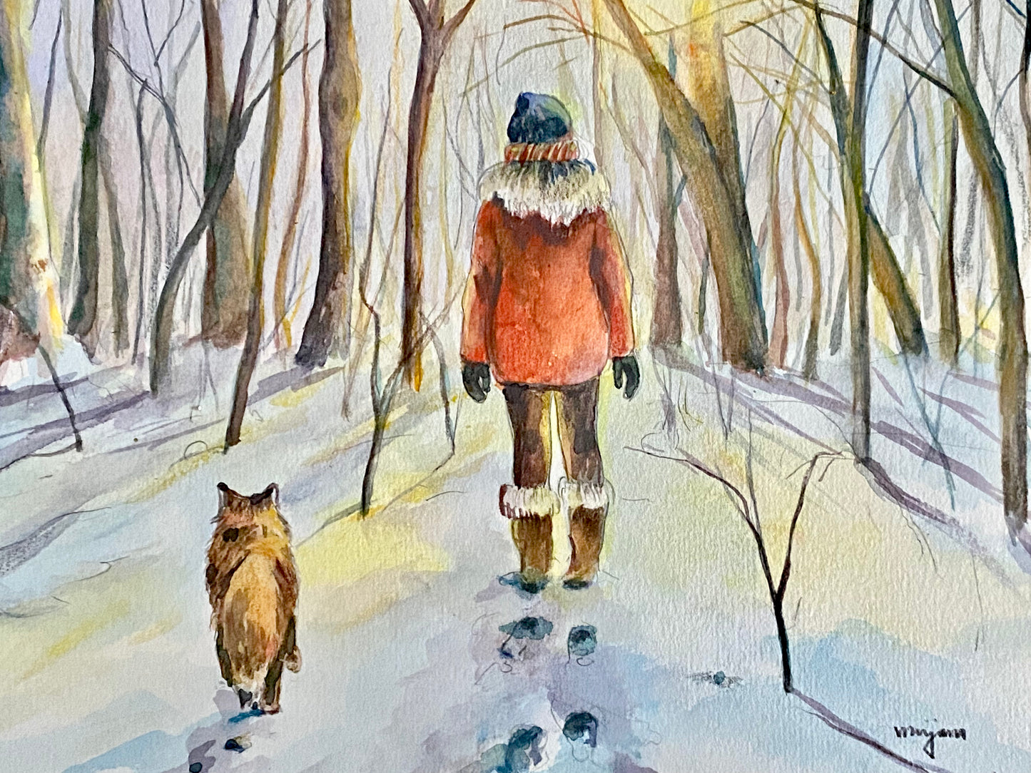 Snowy Walk - a giclee print of a girl and a fox walking in scenic wintery forest landscape. Scandinavian landscape folk art Christmas card