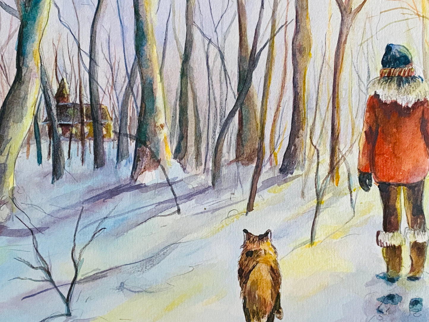 Snowy Walk - a giclee print of a girl and a fox walking in scenic wintery forest landscape. Scandinavian landscape folk art Christmas card