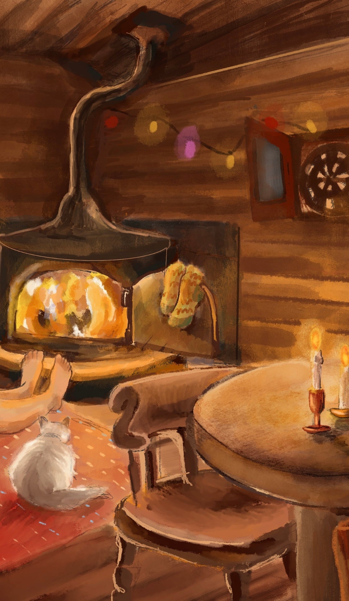 Cabin - gouache painting art illustration print of a woman and a cat sitting by log fire