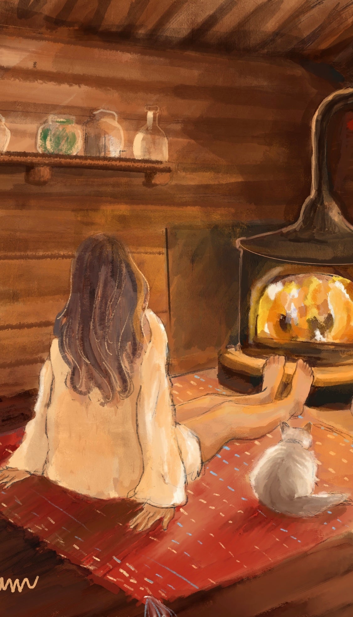 Cabin - gouache painting art illustration print of a woman and a cat sitting by log fire