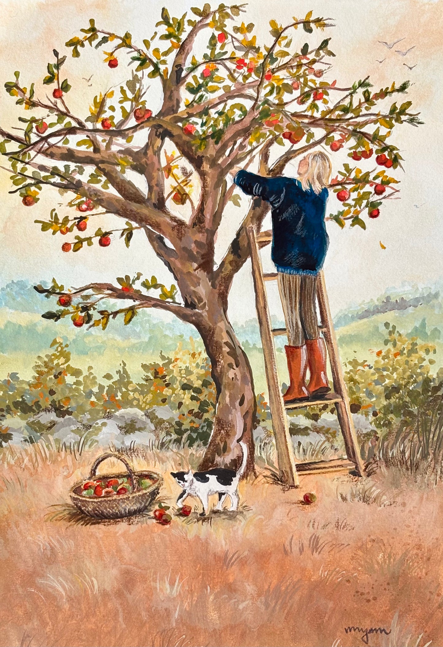 Apple Picking - original gouache painting art illustration print of a woman and a cat picking apples