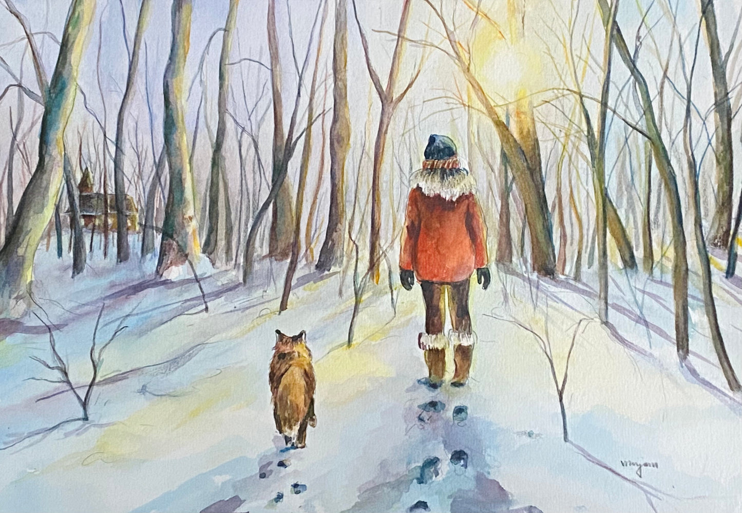 Snowy Walk - a giclee print of a girl and a fox walking in scenic wintery forest landscape. Scandinavian landscape folk art Christmas card