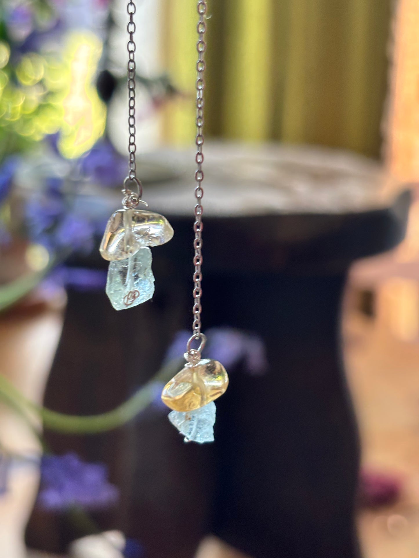 Handmade sterling silver aquamarine and citrine gemstone crystal long dangle earrings