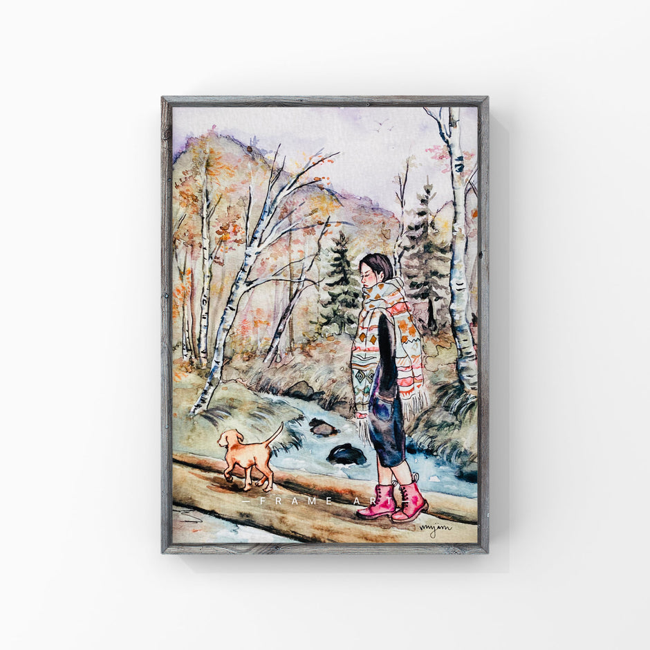 river Crossing - watercolour painting print of a woman and a dog walking in Autumnal Forest