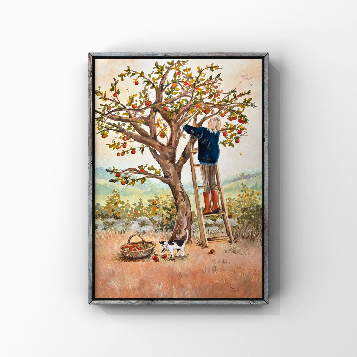 Apple Picking - original gouache painting art illustration print of a woman and a cat picking apples