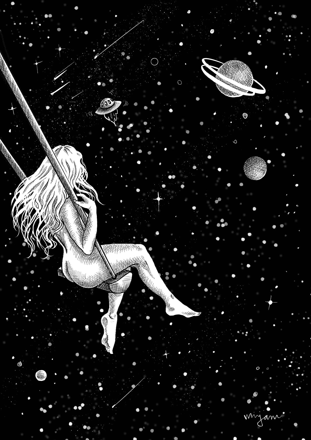 Swing - space art illustration print of a nude woman on a cosmic swing