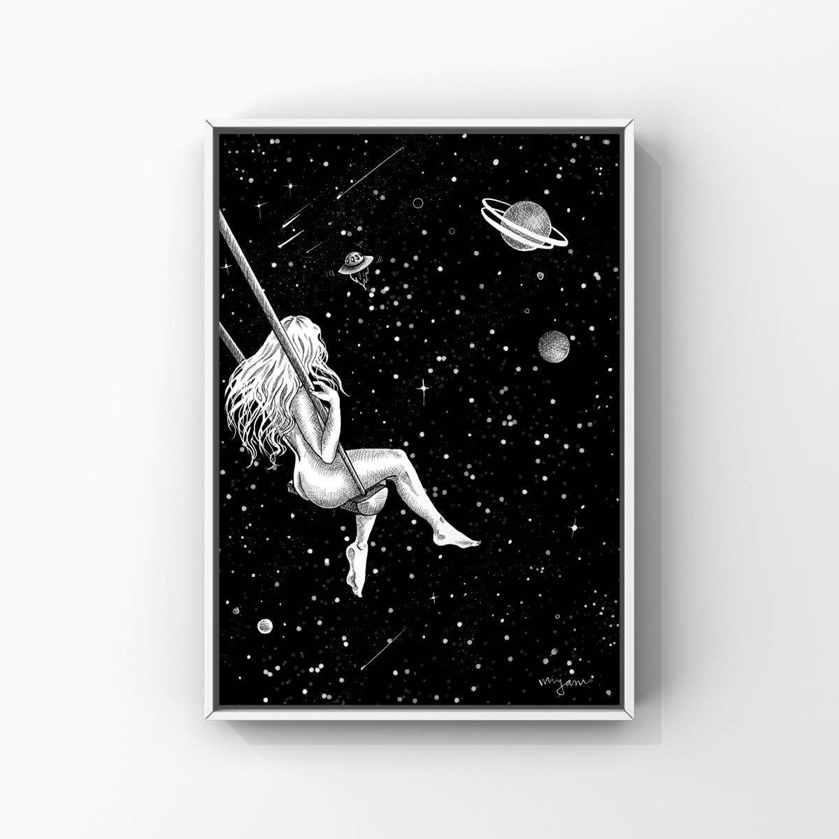 Swing - space art illustration print of a nude woman on a cosmic swing