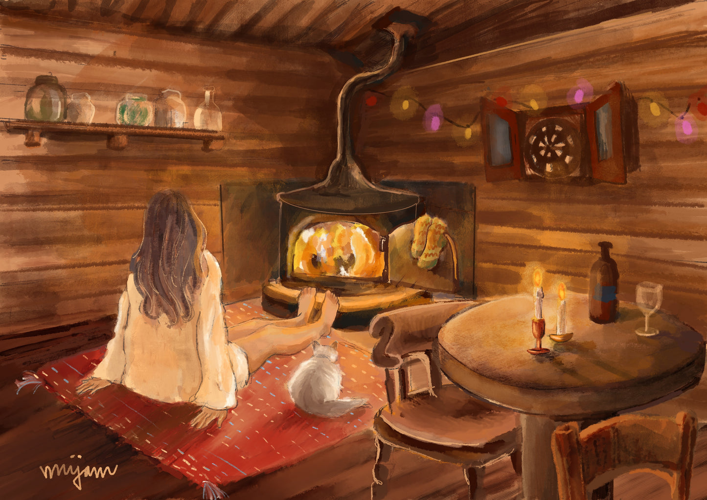 Cabin - gouache painting art illustration print of a woman and a cat sitting by log fire