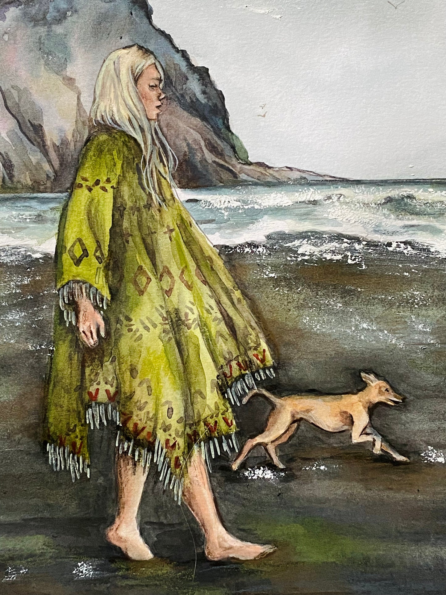 Black Sand - Nordic Iceland landscape original painting of a woman and a dog walking on the beach