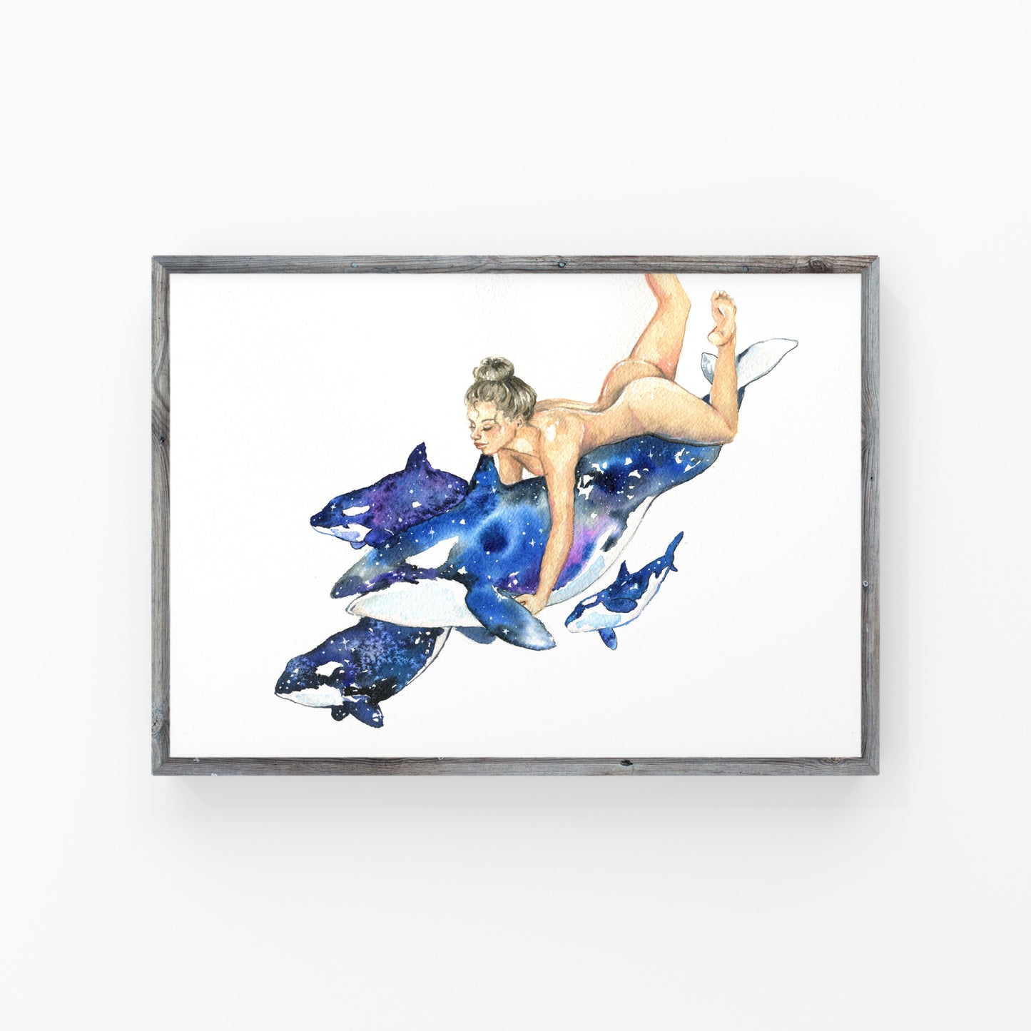 Orcas - a watercolour giclee art print of a nude woman riding on orcas