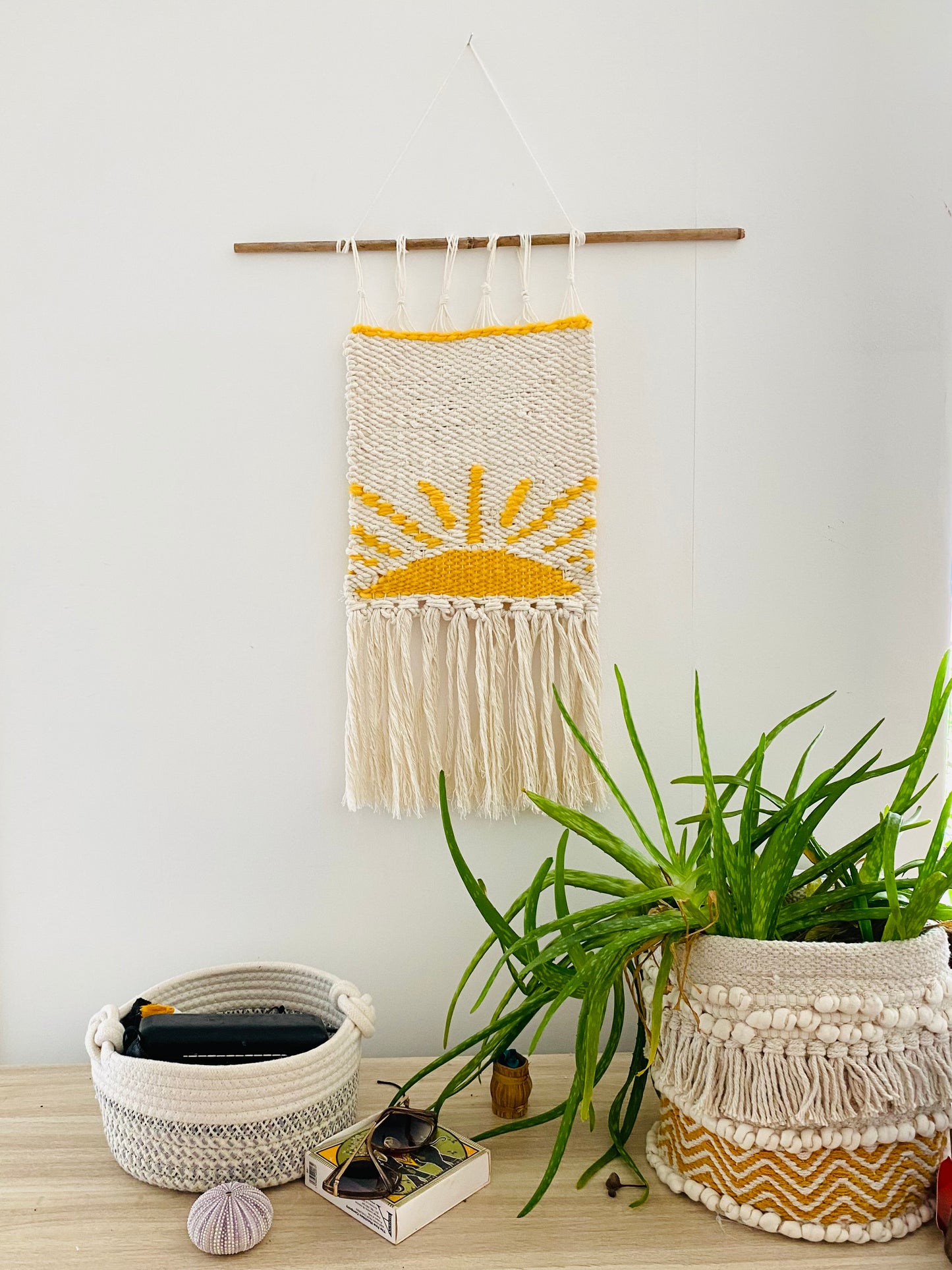 Sunshine Folk , cream white yellow sun wall hanging