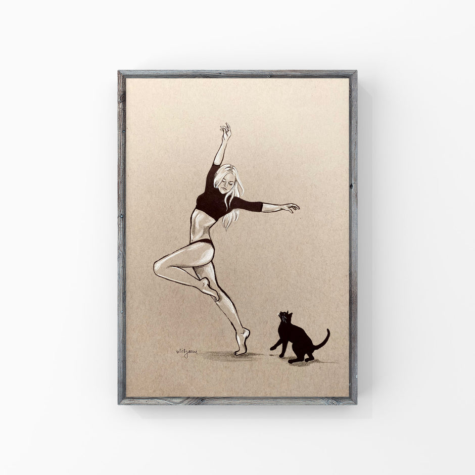 Dance of Life  - ink illustration print of a woman dancing with a cat