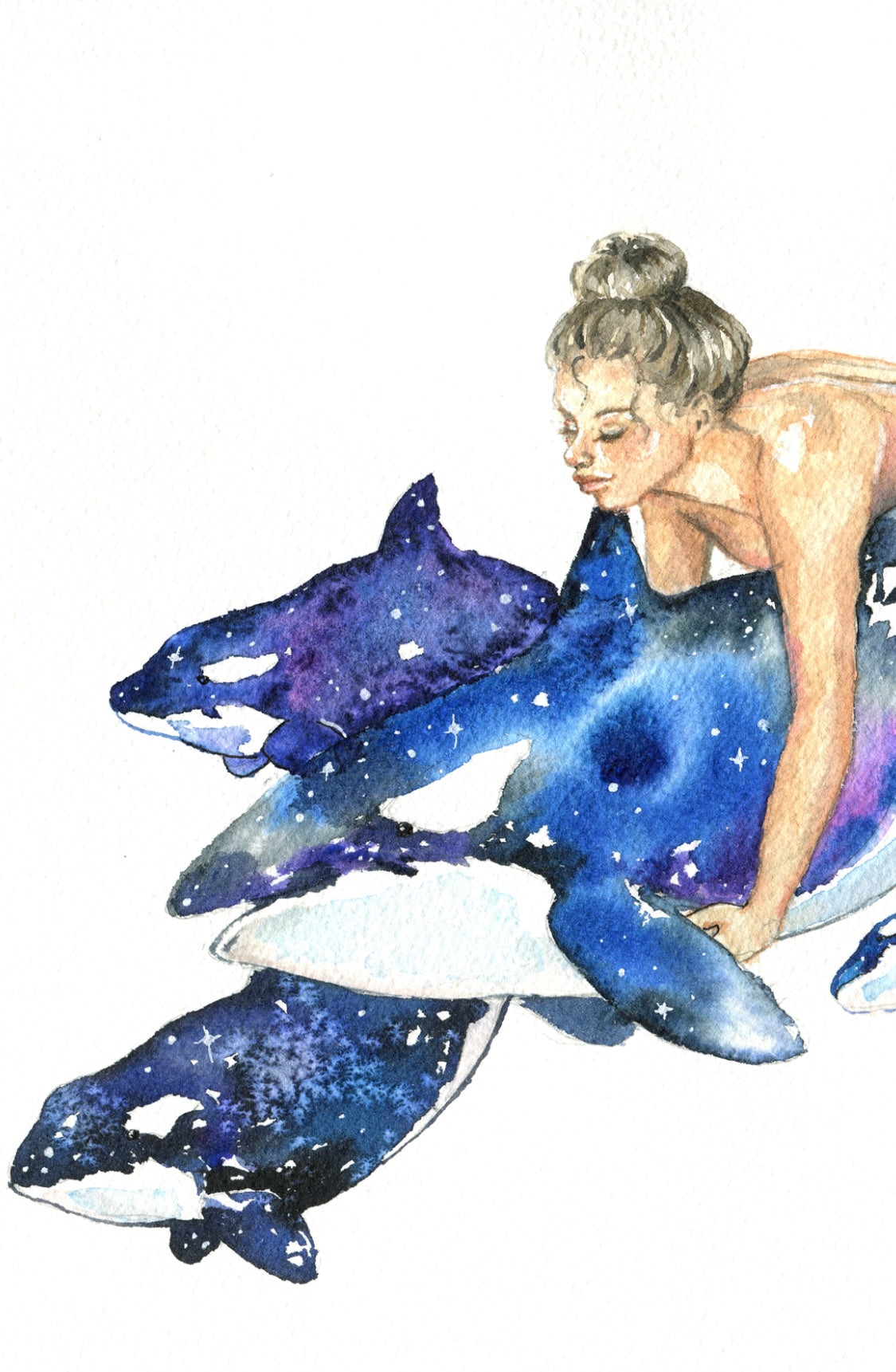 Orcas - a watercolour giclee art print of a nude woman riding on orcas