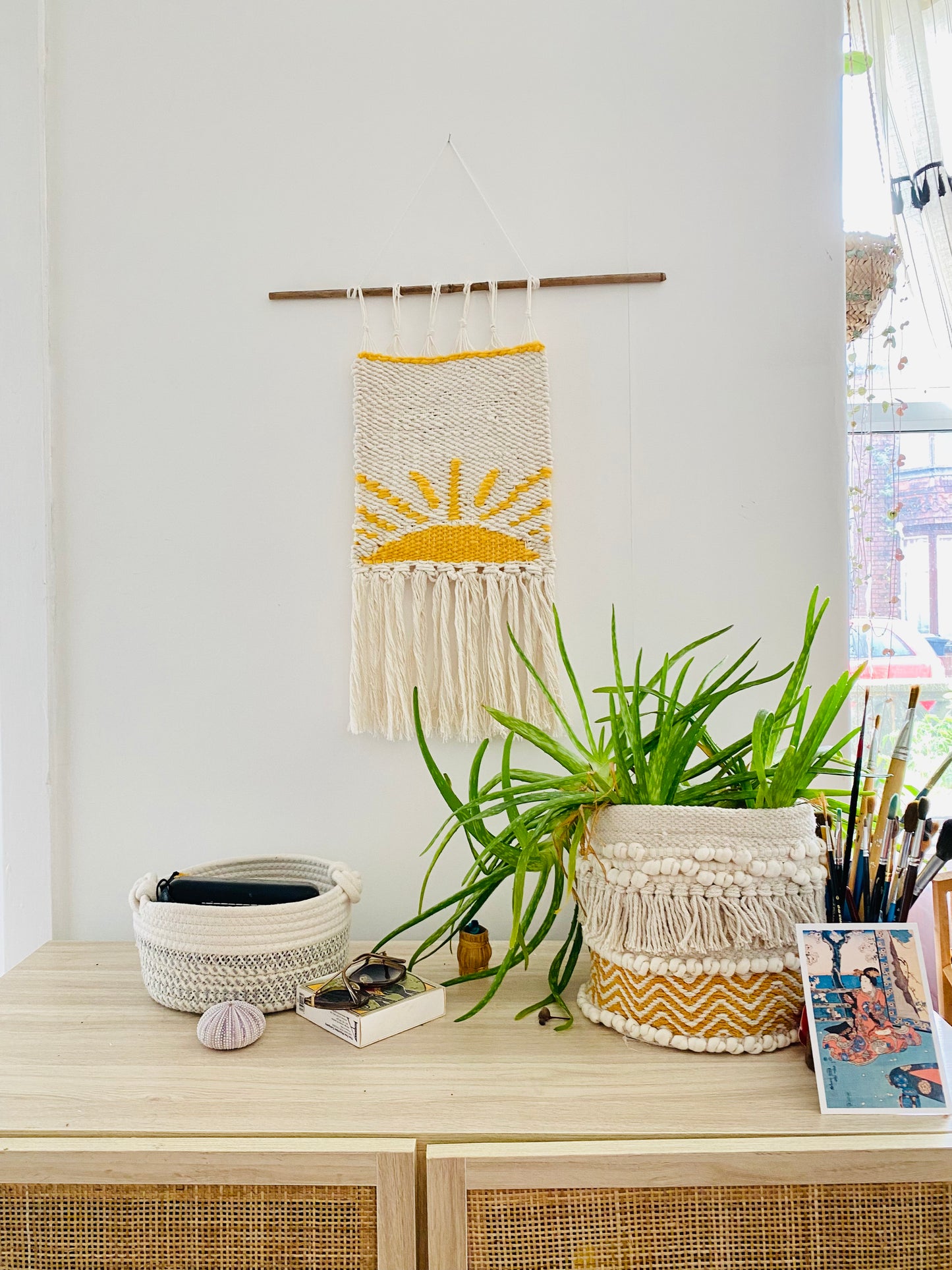 Sunshine Folk , cream white yellow sun wall hanging