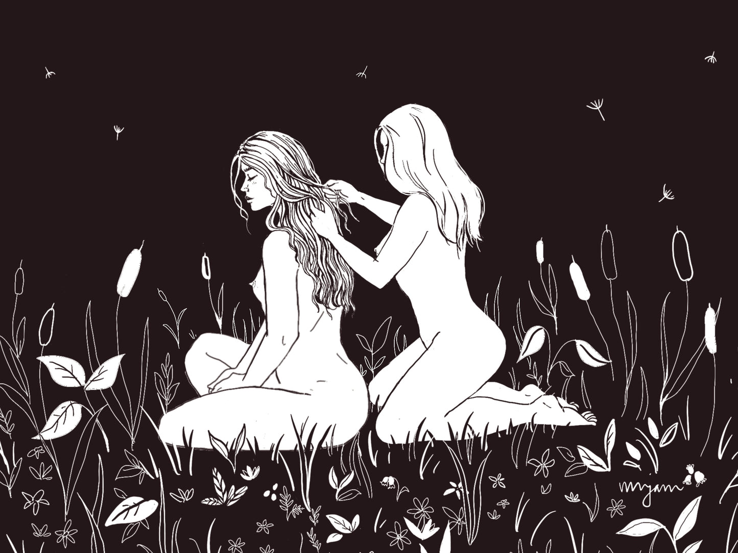 Ladies garden, Black and White ink illustration of two women in the garden