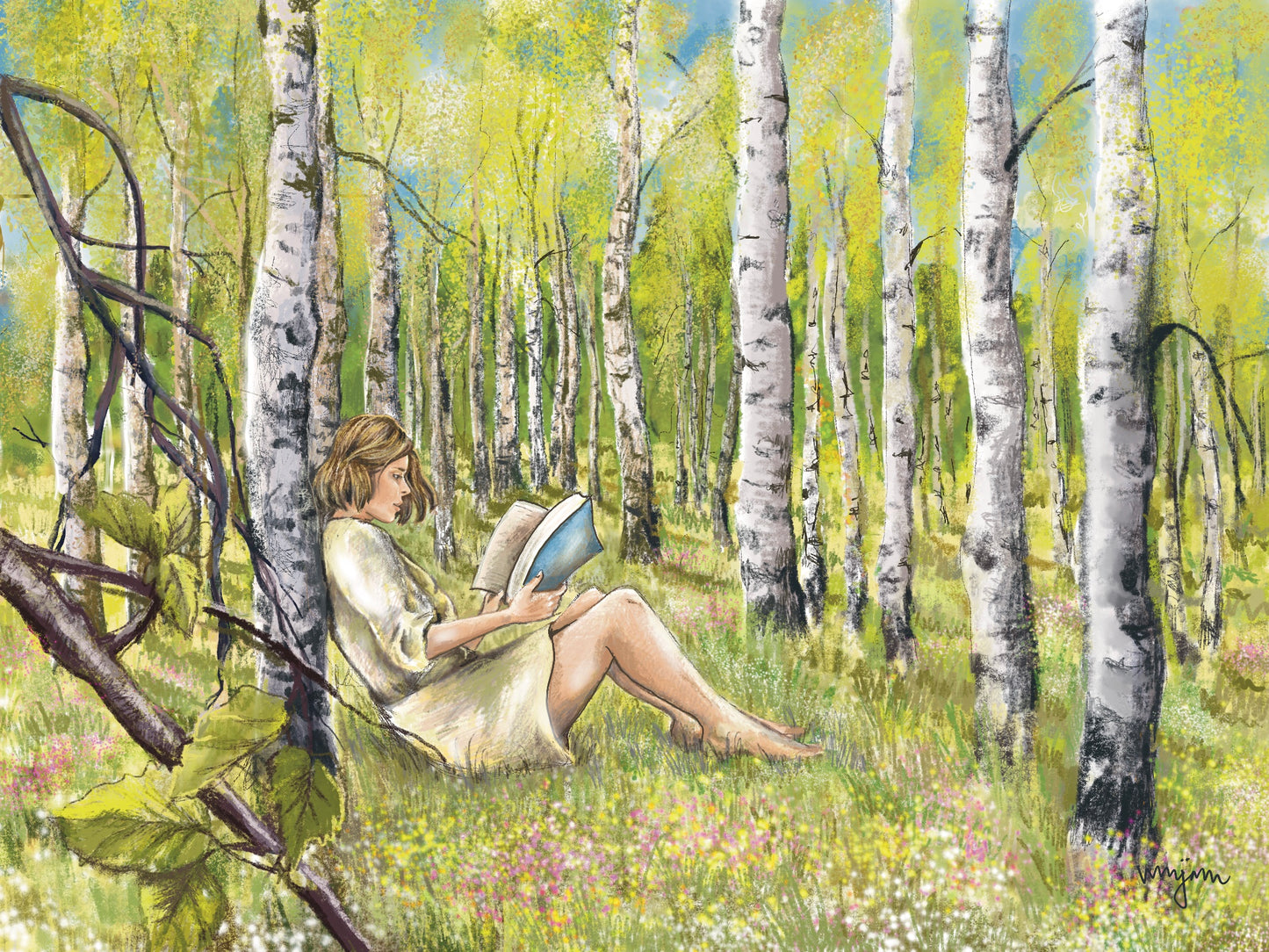 Birch Forest , Giclee print of a woman reading in Scandinavian Birch Forest