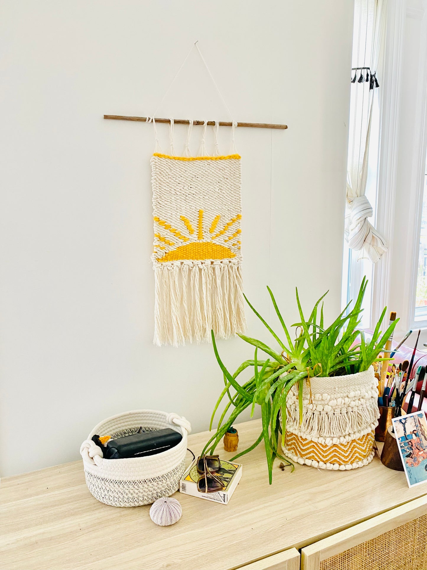 Sunshine Folk , cream white yellow sun wall hanging