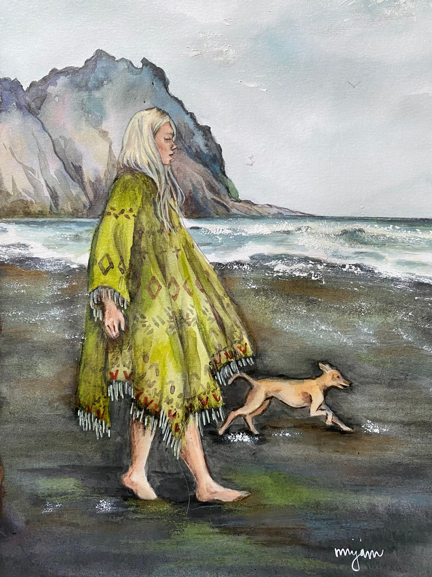 Black Sand - watercolour painting print of a woman and a dog walking on Iceland beach